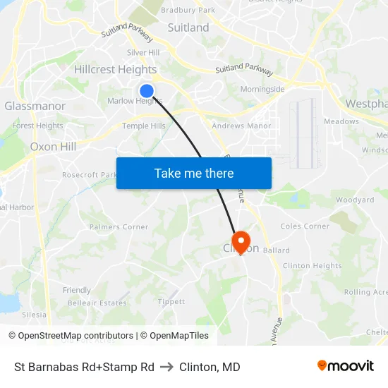 St Barnabas Rd+Stamp Rd to Clinton, MD map