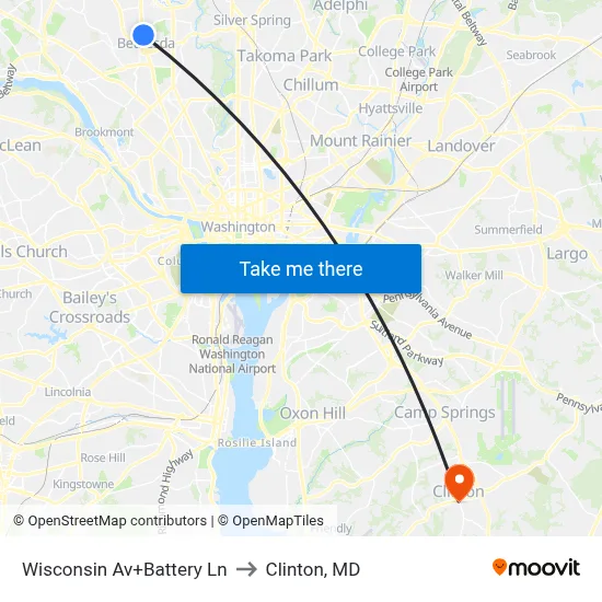 Wisconsin Av+Battery Ln to Clinton, MD map