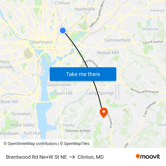 Brentwood Rd Ne+W St NE to Clinton, MD map
