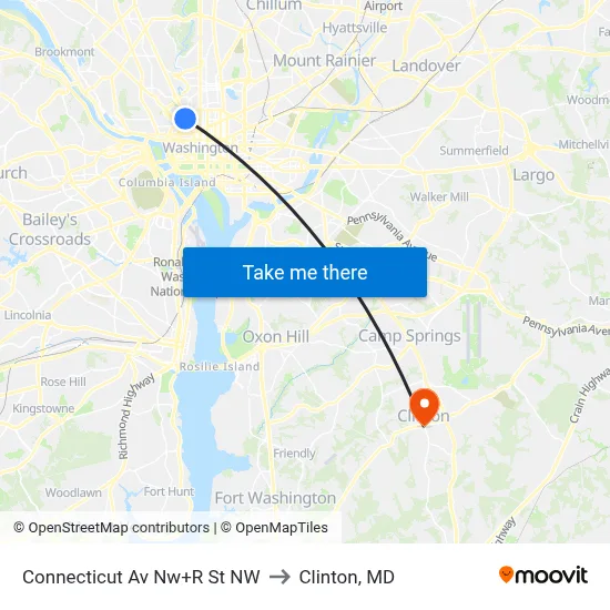 Connecticut Av Nw+R St NW to Clinton, MD map
