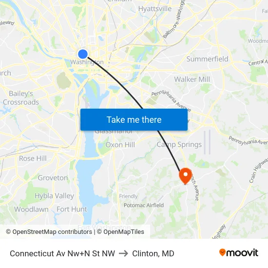 Connecticut Av Nw+N St NW to Clinton, MD map