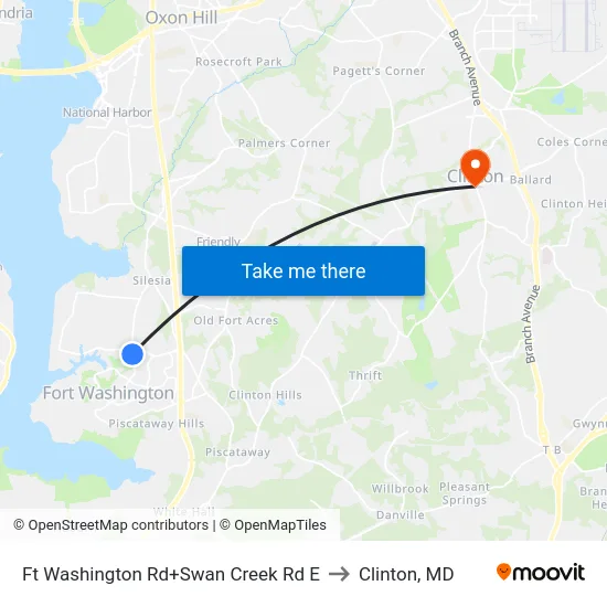Ft Washington Rd+Swan Creek Rd E to Clinton, MD map