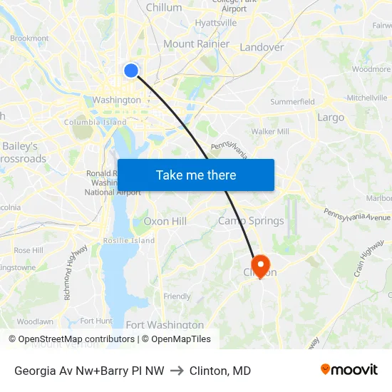 Georgia Av Nw+Barry Pl NW to Clinton, MD map