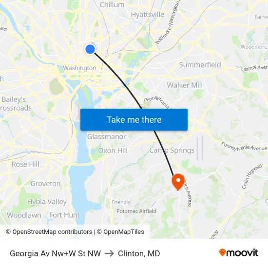 Georgia Av Nw+W St NW to Clinton, MD map