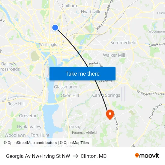 Georgia Av Nw+Irving St NW to Clinton, MD map