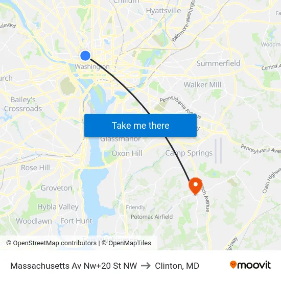 Massachusetts Av Nw+20 St NW to Clinton, MD map