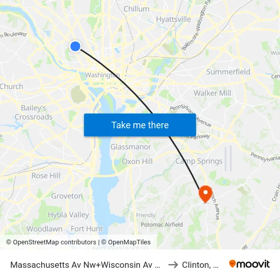 Massachusetts Av Nw+Wisconsin Av NW to Clinton, MD map
