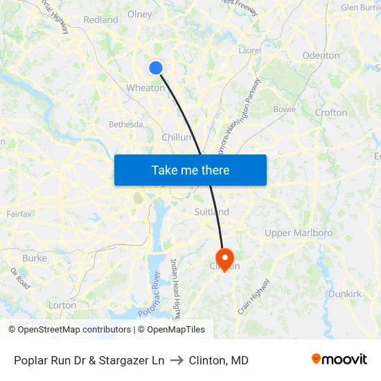 Poplar Run Dr & Stargazer Ln to Clinton, MD map