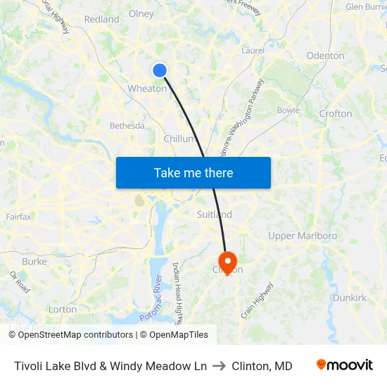 Tivoli Lake Blvd & Windy Meadow Ln to Clinton, MD map