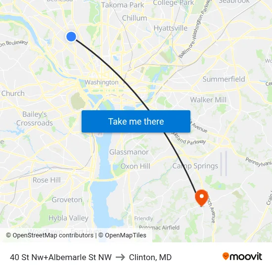 40 St Nw+Albemarle St NW to Clinton, MD map