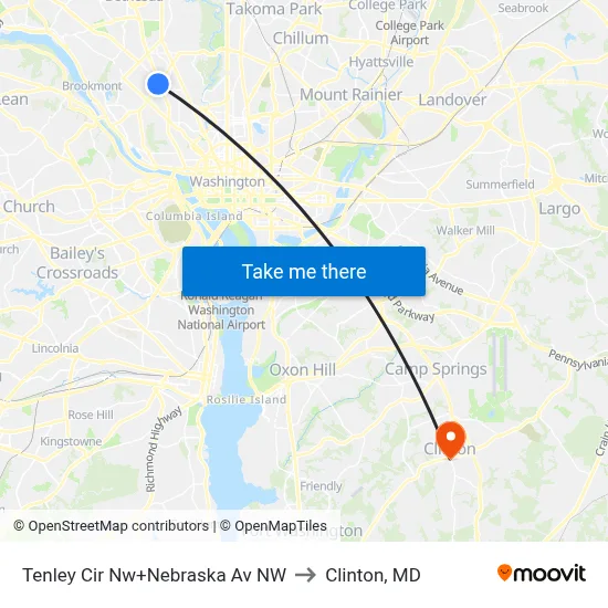 Tenley Cir Nw+Nebraska Av NW to Clinton, MD map
