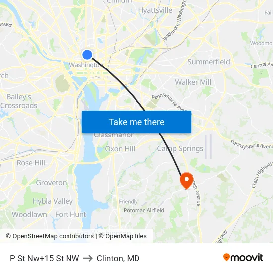 P St Nw+15 St NW to Clinton, MD map