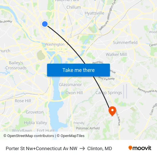 Porter St Nw+Connecticut Av NW to Clinton, MD map
