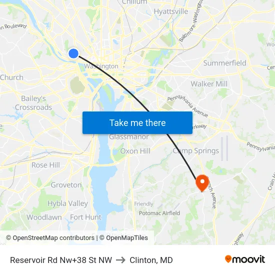 Reservoir Rd Nw+38 St NW to Clinton, MD map