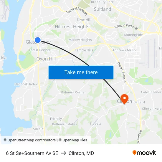 6 St Se+Southern Av SE to Clinton, MD map