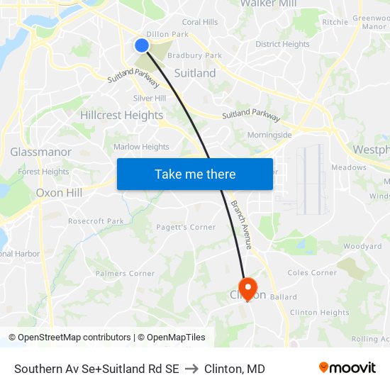 Southern Av Se+Suitland Rd SE to Clinton, MD map