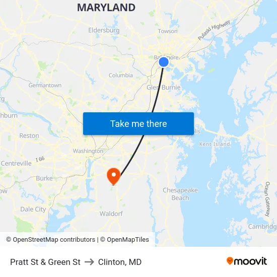 Pratt St & Green St to Clinton, MD map