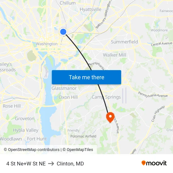 4 St Ne+W St NE to Clinton, MD map