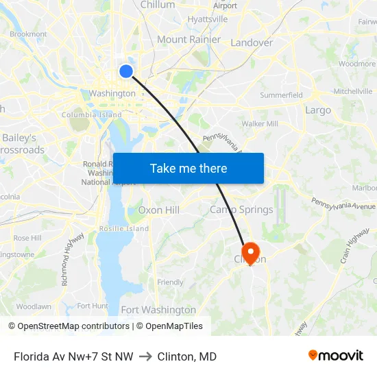 Florida Av Nw+7 St NW to Clinton, MD map