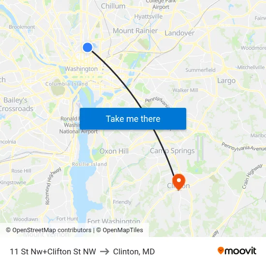 11 St Nw+Clifton St NW to Clinton, MD map