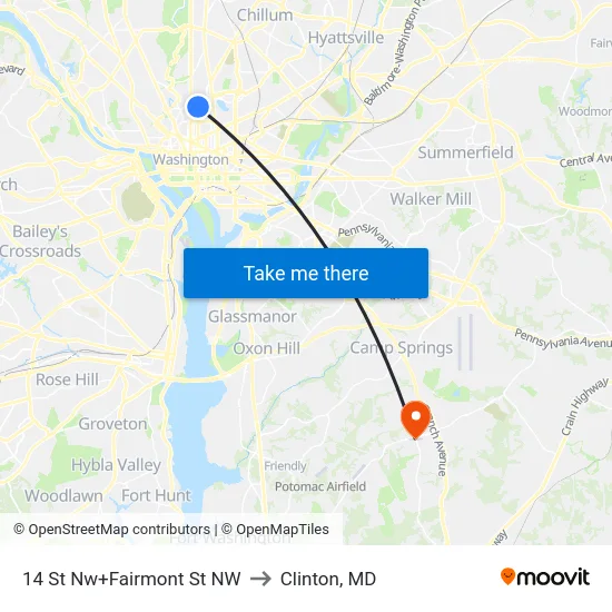 14 St Nw+Fairmont St NW to Clinton, MD map