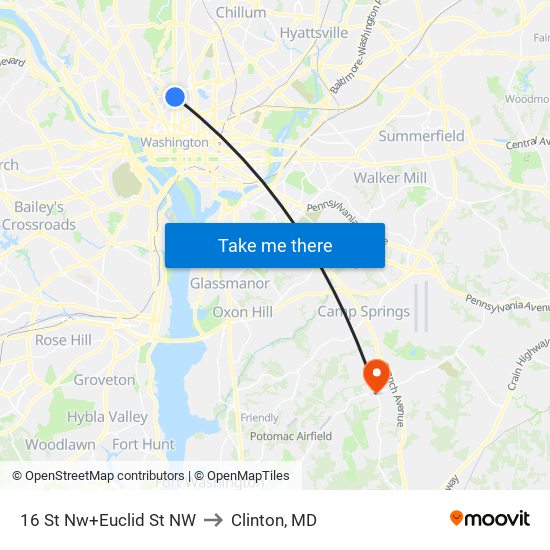 16 St Nw+Euclid St NW to Clinton, MD map