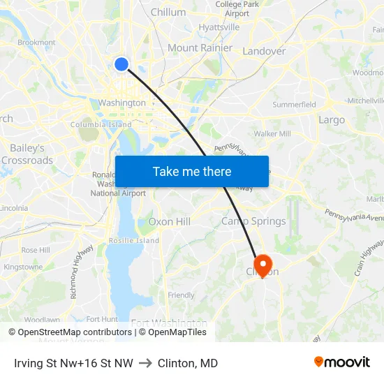 Irving St Nw+16 St NW to Clinton, MD map