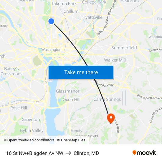 16 St Nw+Blagden Av NW to Clinton, MD map