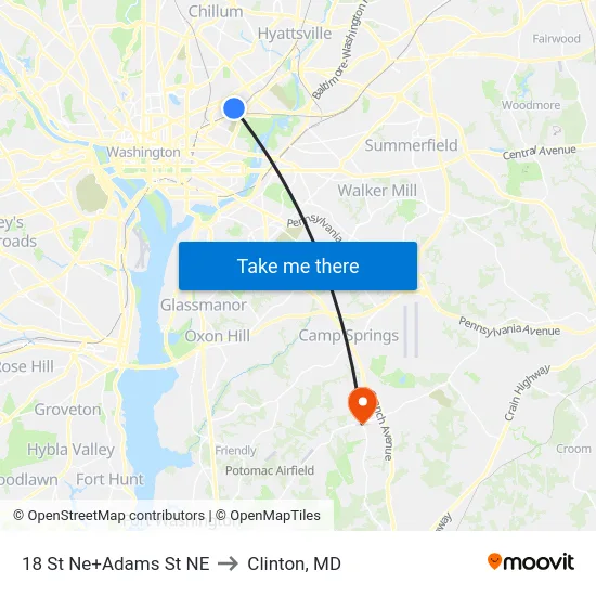 18 St Ne+Adams St NE to Clinton, MD map