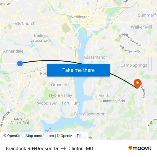 Braddock Rd+Dodson Dr to Clinton, MD map