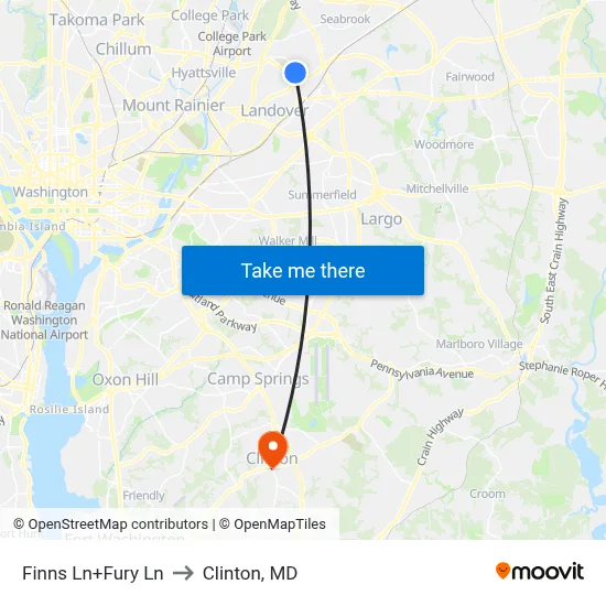 Finns Ln+Fury Ln to Clinton, MD map