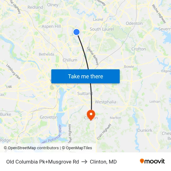 Old Columbia Pk+Musgrove Rd to Clinton, MD map