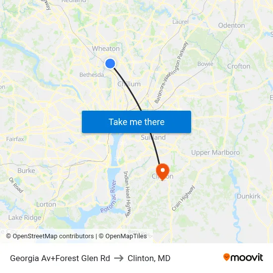 Georgia Av+Forest Glen Rd to Clinton, MD map