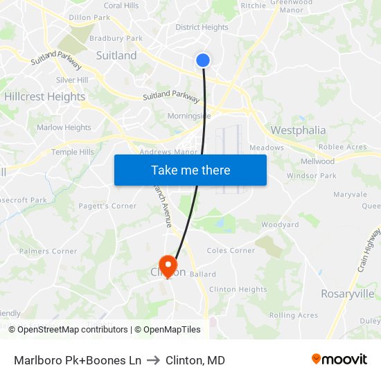 Marlboro Pk+Boones Ln to Clinton, MD map