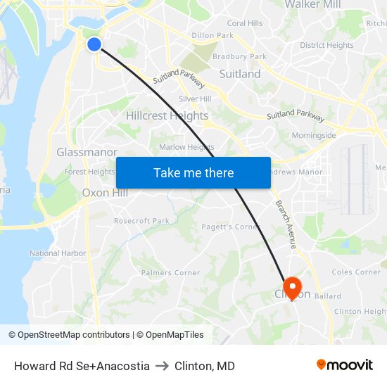 Howard Rd Se+Anacostia to Clinton, MD map
