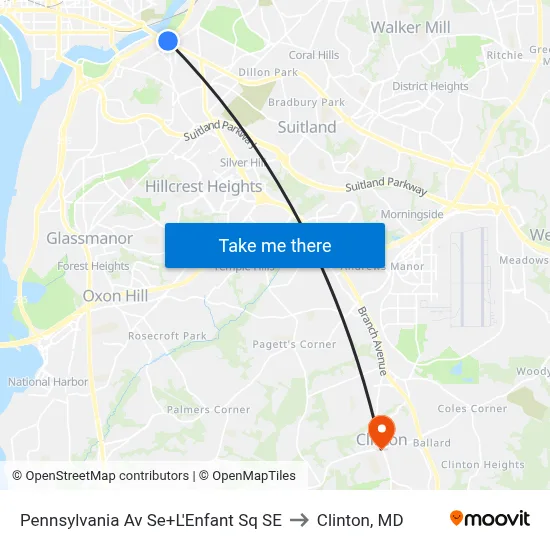 Pennsylvania Av Se+L'Enfant Sq SE to Clinton, MD map