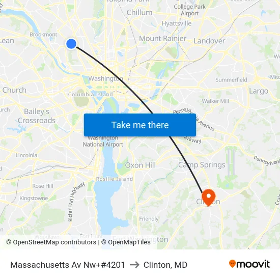 Massachusetts Av Nw+#4201 to Clinton, MD map