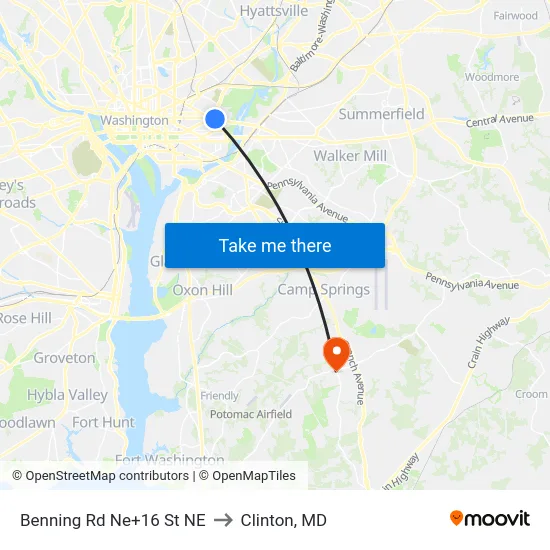 Benning Rd Ne+16 St NE to Clinton, MD map