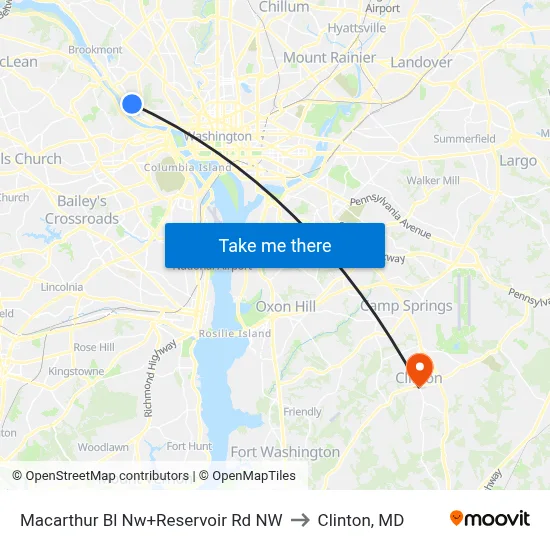 Macarthur Bl Nw+Reservoir Rd NW to Clinton, MD map