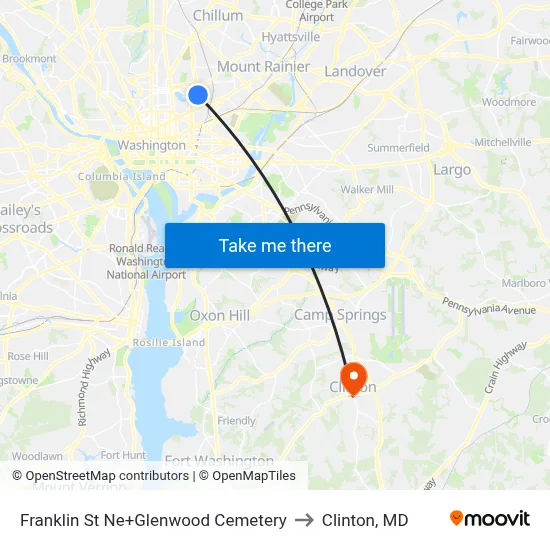 Franklin St Ne+Glenwood Cemetery to Clinton, MD map