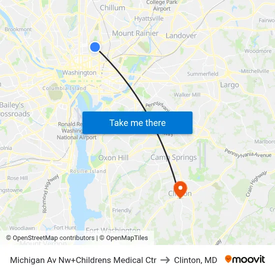Michigan Av Nw+Childrens Medical Ctr to Clinton, MD map