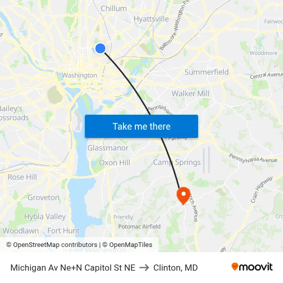 Michigan Av Ne+N Capitol St NE to Clinton, MD map
