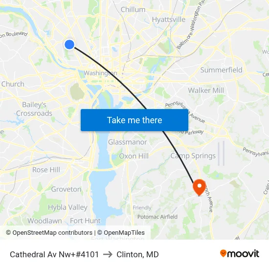 Cathedral Av Nw+#4101 to Clinton, MD map
