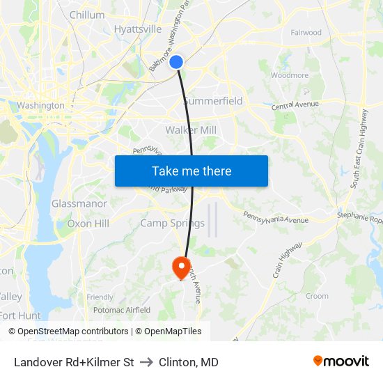 Landover Rd+Kilmer St to Clinton, MD map