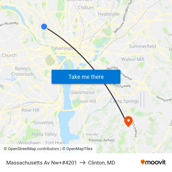 Massachusetts Av Nw+#4201 to Clinton, MD map