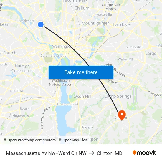 Massachusetts Av Nw+Ward Cir NW to Clinton, MD map