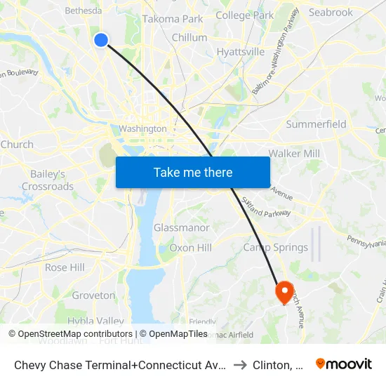 Chevy Chase Terminal+Connecticut Av NW to Clinton, MD map