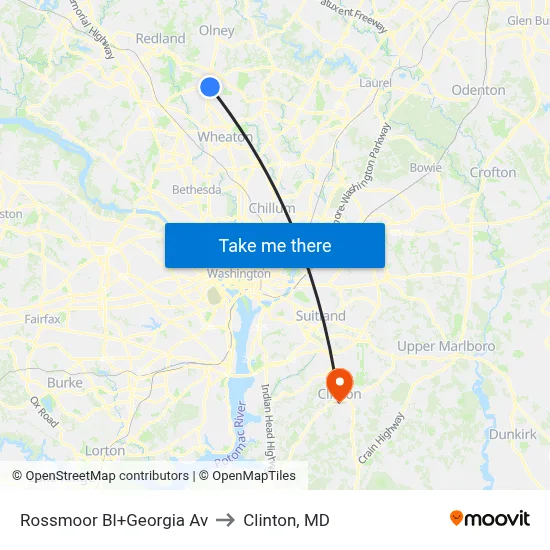 Rossmoor Bl+Georgia Av to Clinton, MD map