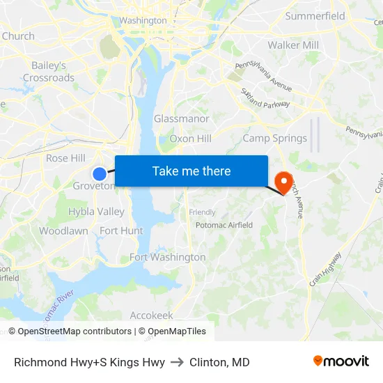 Richmond Hwy+S Kings Hwy to Clinton, MD map