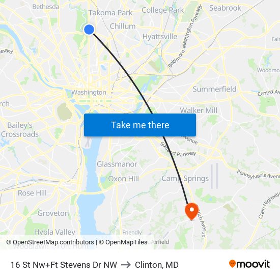 16 St Nw+Ft Stevens Dr NW to Clinton, MD map